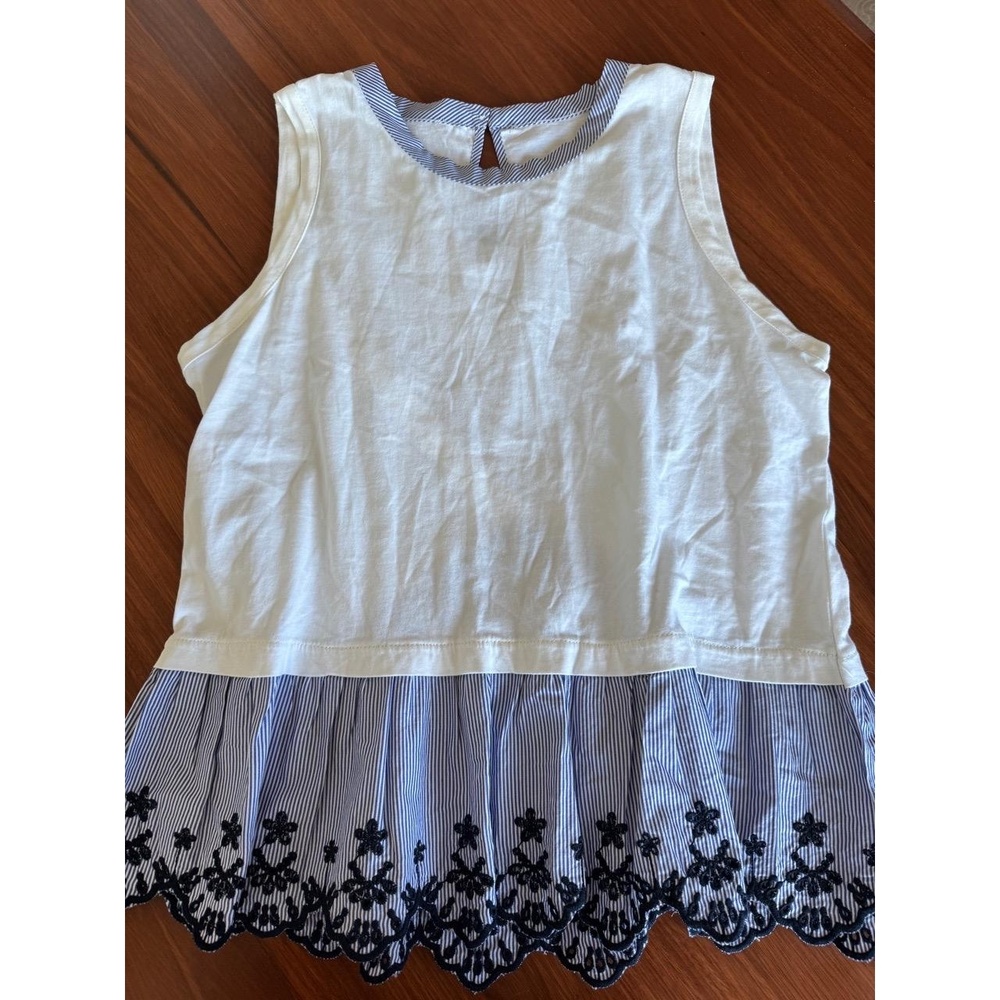 J.Crew  Sleeveless Peplum Top White Blue Stripe Embroidered Keyhole Casual Chic